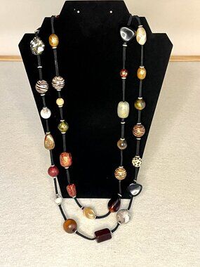 Vintage Mixed Stones on Black Leather Necklace * Long Length * Excel Cond